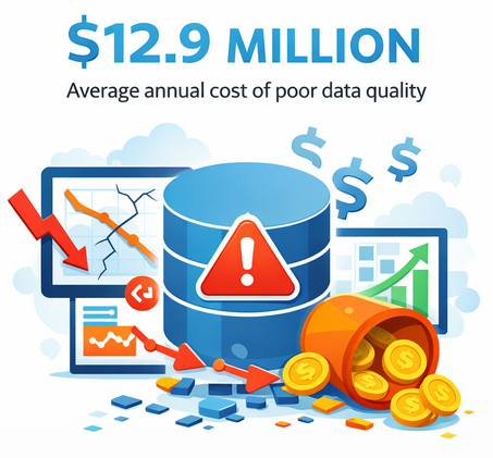 Illustration showing financial losses caused by poor data quality, highlighting an average annual cost of $12.9 million for organizations