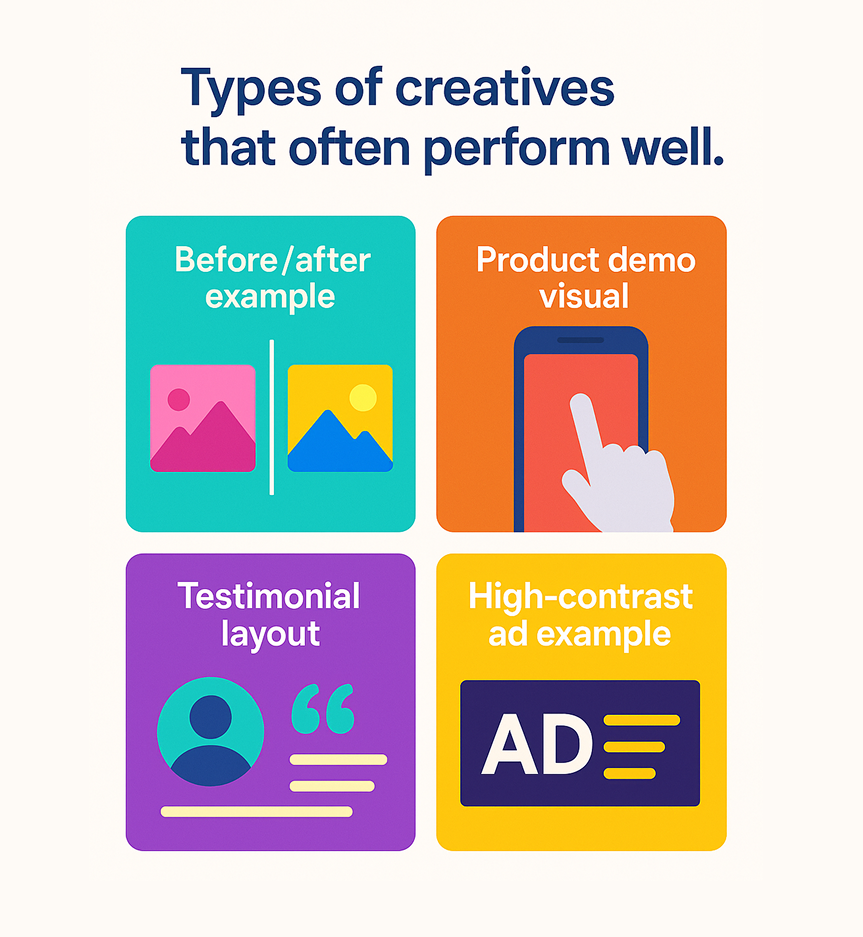 Colorful 2&times;2 grid showing four effective ad creative types: a before/after example, a product demo visual, a testimonial layout, and a high-contrast ad example on a white background.