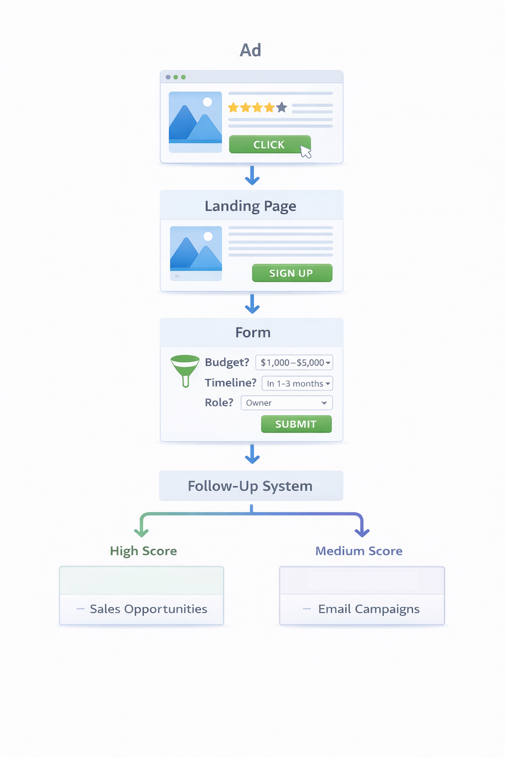 Flowchart of post-click journey from ad to form, leading to sales or email campaigns based on lead score.