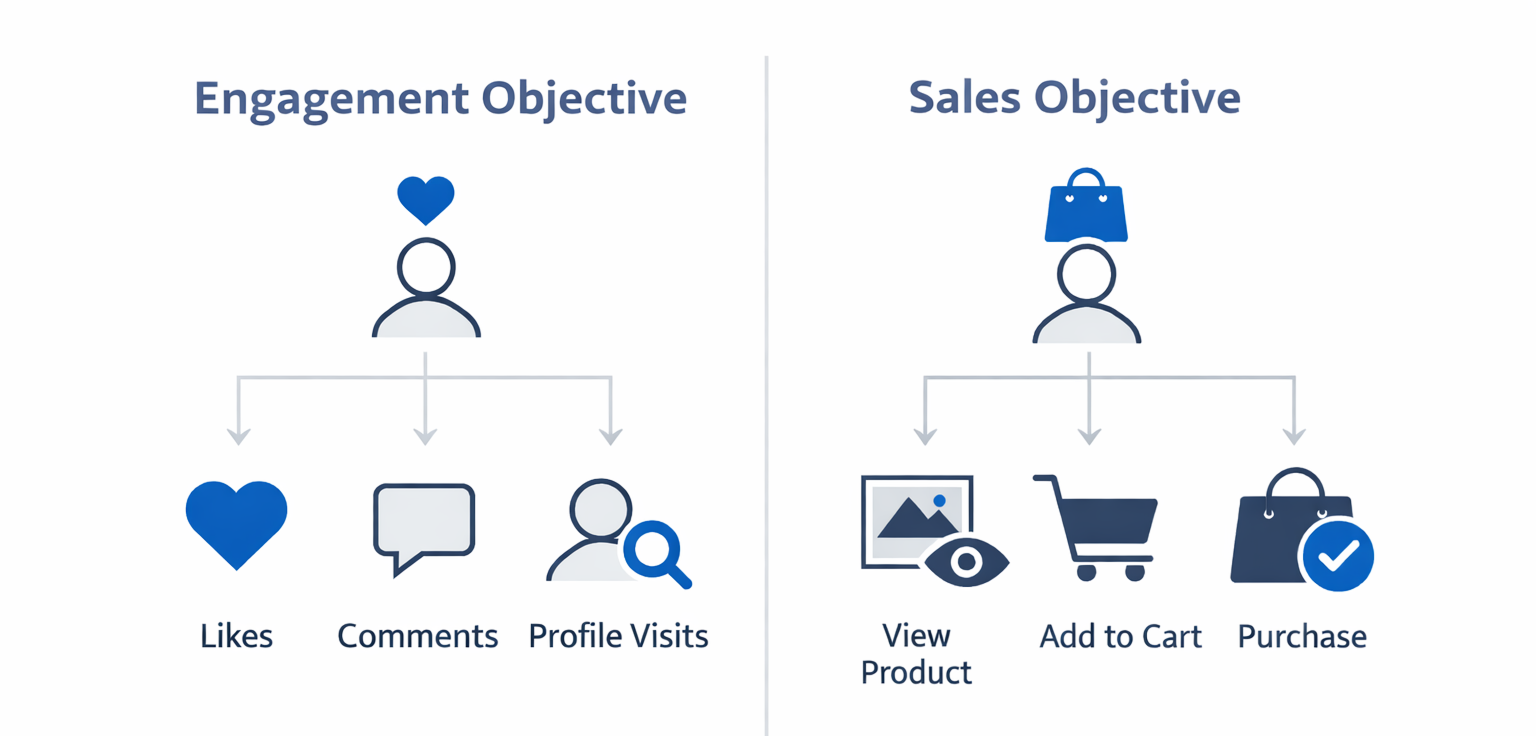 Side-by-side visual comparing Engagement vs. Sales Objectives on Meta. Engagement leads to likes, comments, profile visits, and saves; Sales leads to product views, add to cart, and purchases.
