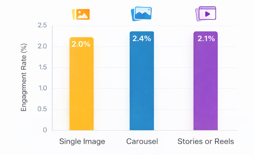 Bar graph comparing Instagram ad engagement rates across formats: single image ~2.0%, carousels ~2.4%