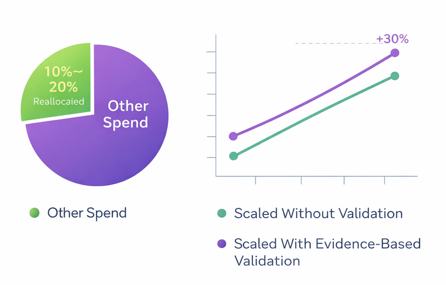 Pie chart showing 10&ndash;20% spend reallocation with multi-touch attribution and line chart comparing campaign efficiency with and without evidence-based scaling