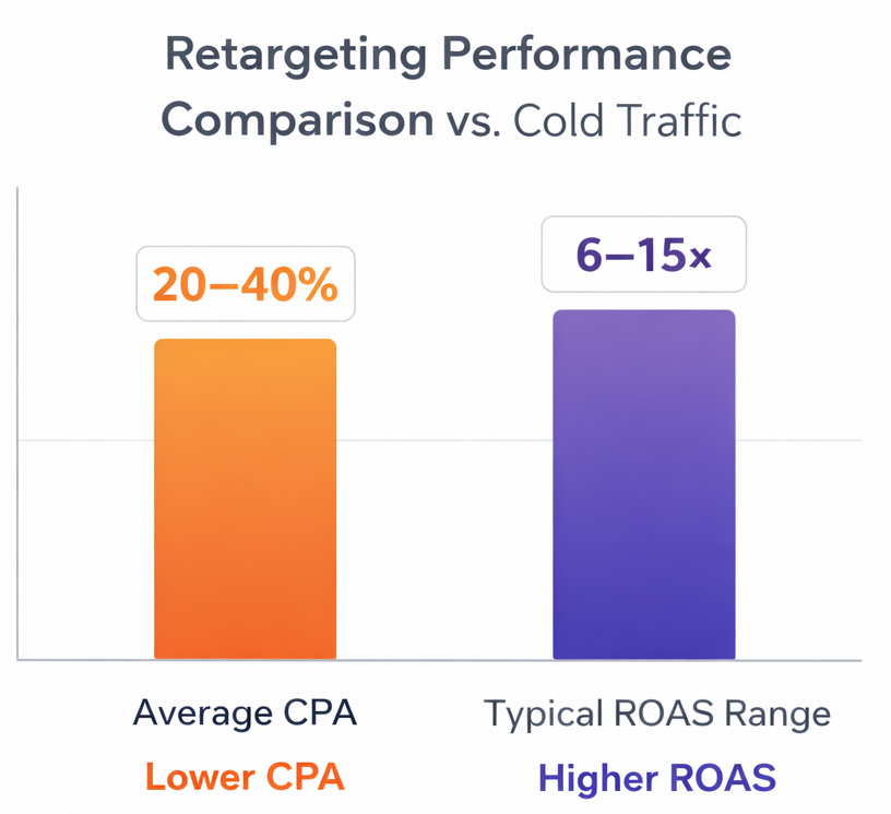 Side-by-side bar chart showing retargeting reduces CPA by 20&ndash;40% and drives 6&ndash;15&times; ROAS compared to non-retargeting campaigns