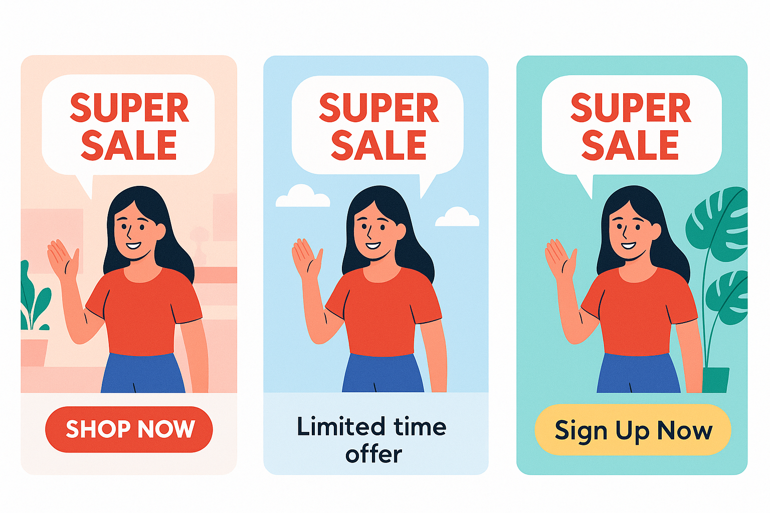 Three illustrated ad variations showing the same woman promoting new sportwear, each with a different background, CTA button, and headline.
