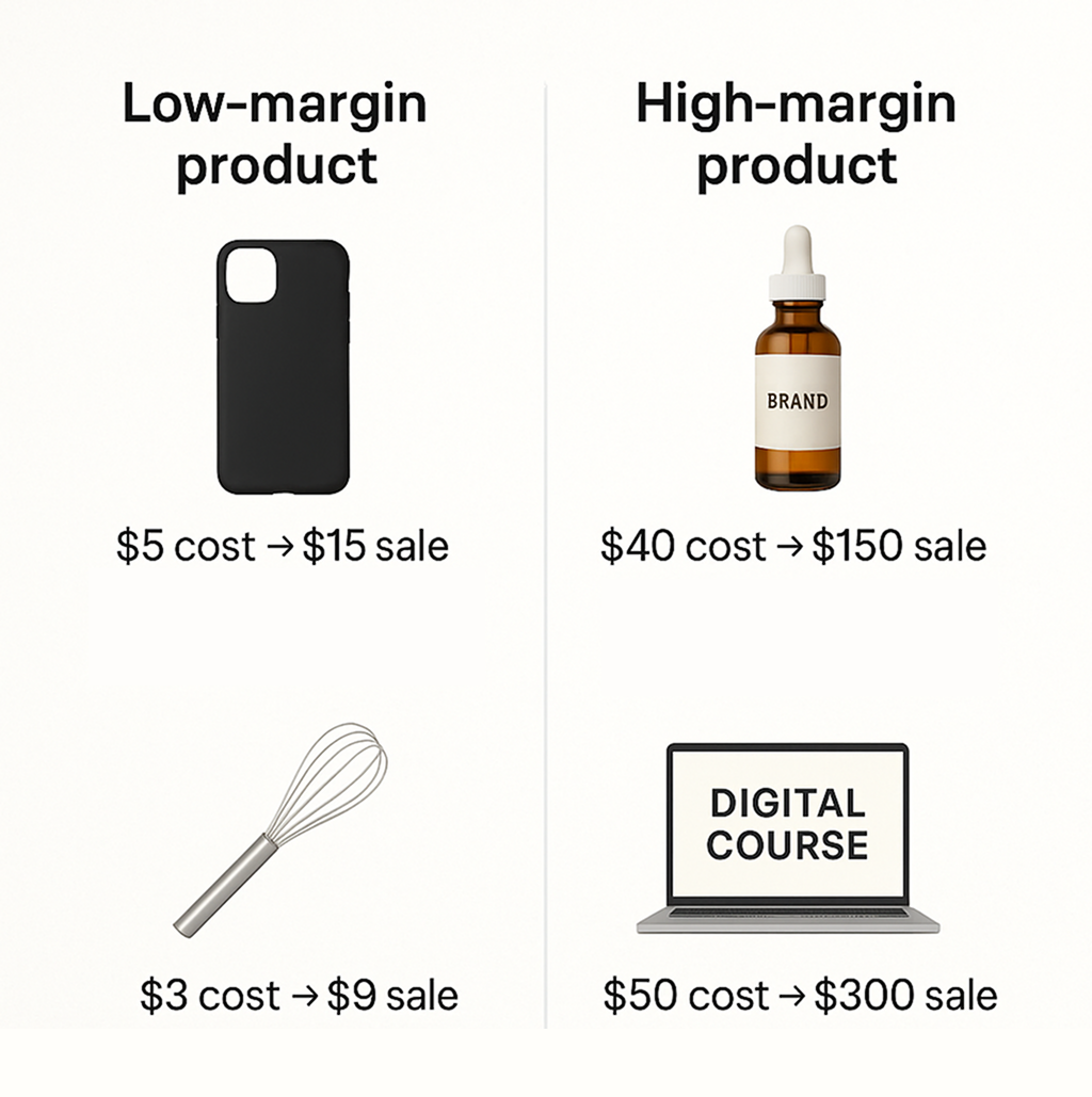 2D infographic comparing low-margin and high-margin products with examples, pricing, and key characteristics.