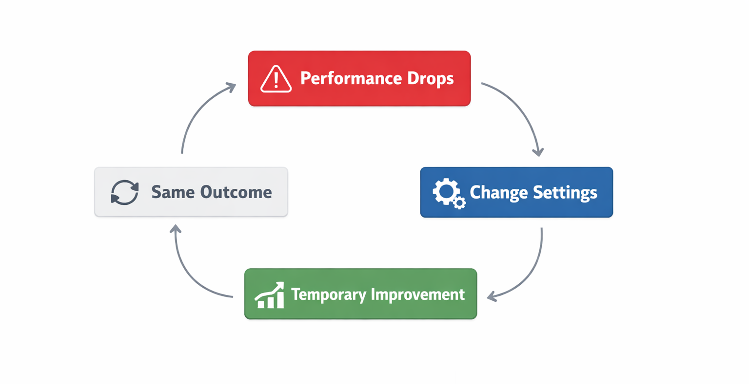 Optimization loop where performance drops lead to repeated setting changes without improving results
