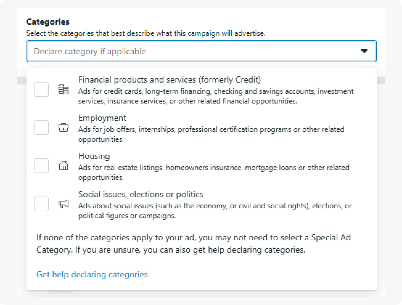 Choosing special ad categories in Facebook Ads Manager