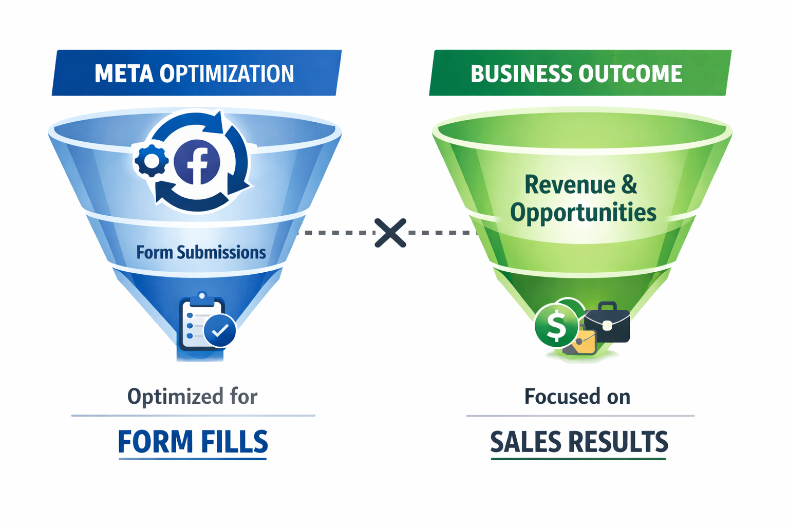 Facebook ads optimization mismatch diagram showing Meta optimizing for form submissions while business outcomes focus on revenue and qualified opportunities