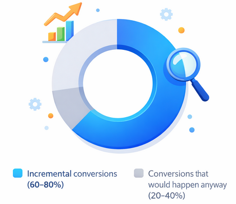 Donut chart illustrating that approximately 20–40 percent of conversions attributed to marketing would likely happen without advertising, highlighting the need for incrementality testing