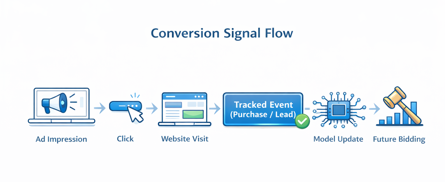 Diagram showing how ad impressions, clicks, and website visits lead to tracked events that update ad delivery algorithms.