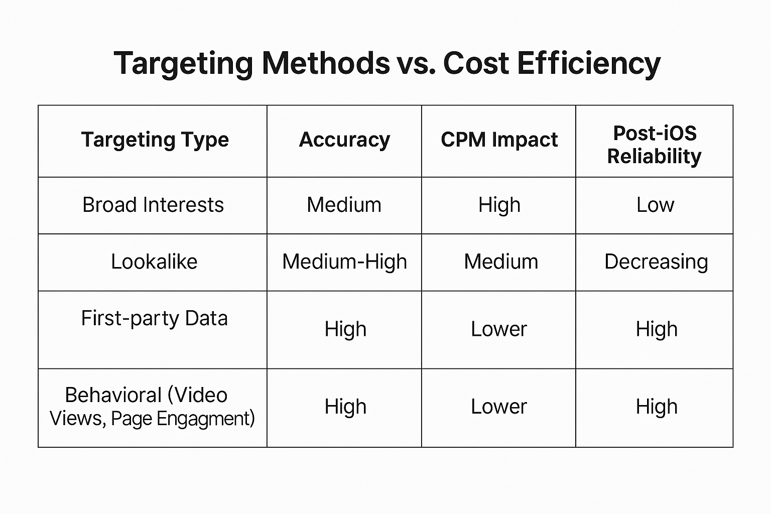 Table comparing targeting methods by accuracy, CPM impact, and post-iOS reliability for Facebook ads.