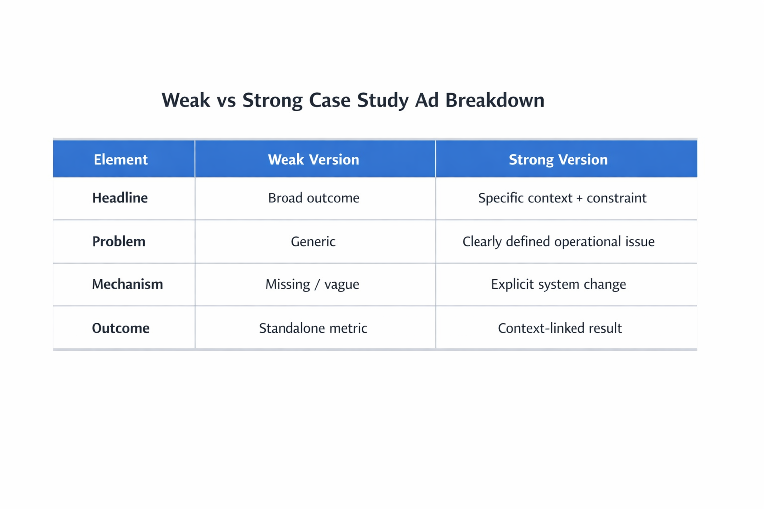 Comparison table showing differences between weak and strong case study ads across headline, problem, mechanism, and outcome
