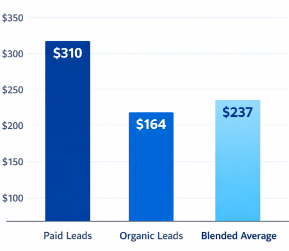 A three-bar comparison chart showing average cost per lead: Paid leads $310, Organic leads $164, and Blended average $237