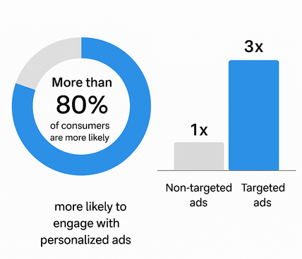 Left: pie chart showing more than 80% of consumers are more likely to engage with personalised ads. Right: column chart showing conversion rate of targeted ads is about three times that of non-targeted ads