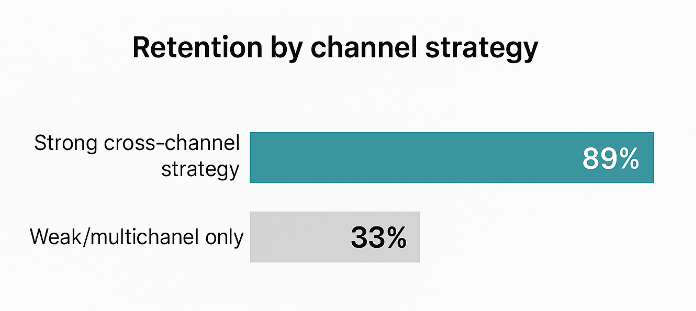Stacked bar chart showing customer retention: 89% for strong cross-channel strategy, 33% for weak multichannel only