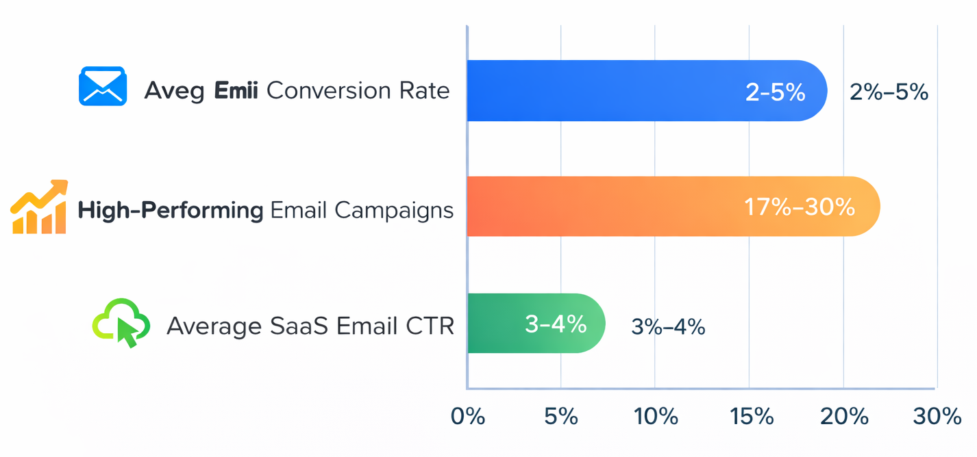 Bar chart comparing email marketing performance metrics, including 2&ndash;5% average conversion rate, 17&ndash;30% high-performing campaigns, and 3&ndash;4% SaaS click-through rates