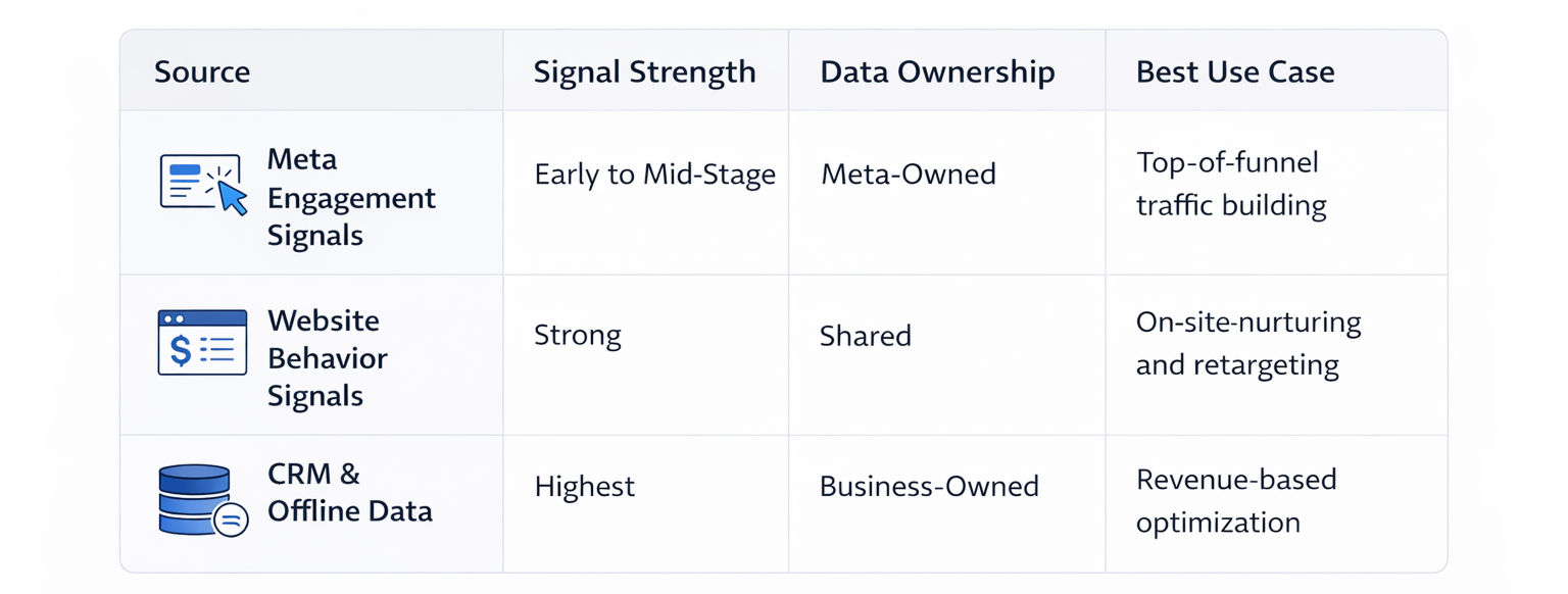 Comparison matrix of Meta engagement signals, website behavior signals, and CRM data showing signal strength, data ownership, and best use cases