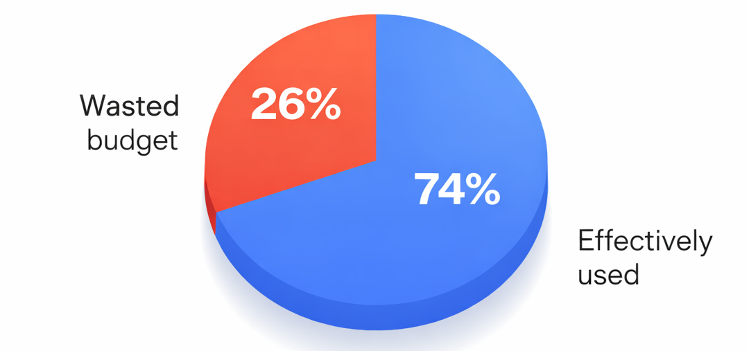 Pie chart showing 26% of marketing budget wasted vs 74% effectively used