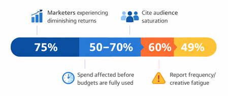 Bar chart showing that about 75% of marketers experience early diminishing returns on paid social ad spend with large portions of budget affected