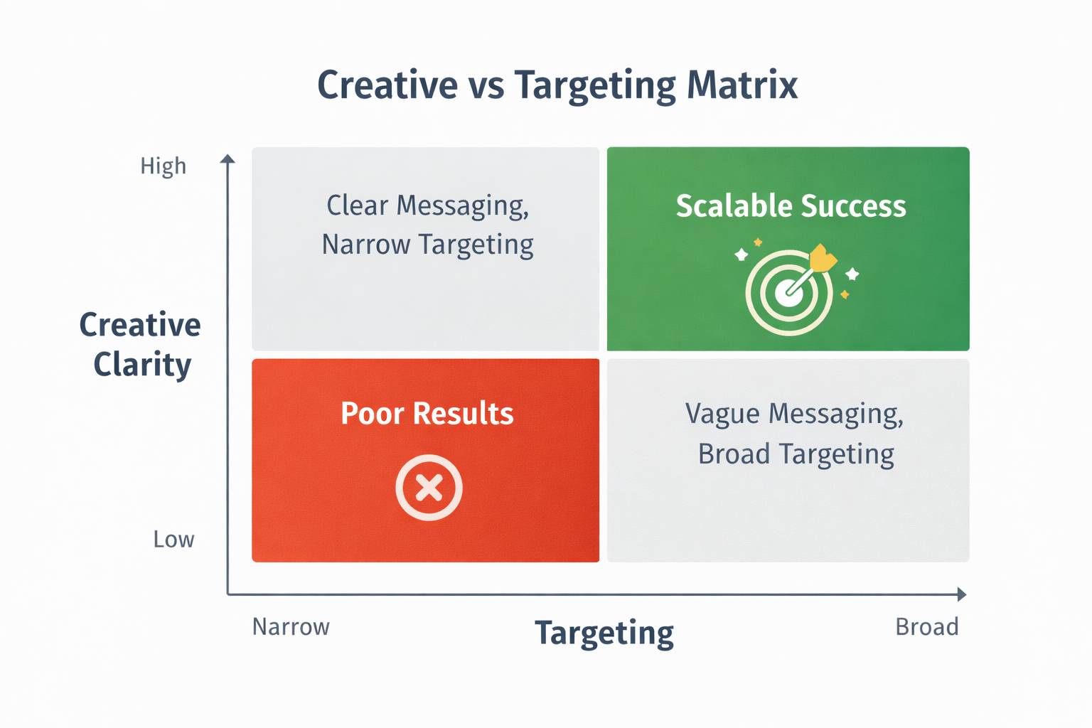 2x2 matrix chart comparing creative clarity and targeting type, highlighting "Scalable Success" (high clarity, broad targeting) and "Poor Results" (low clarity, broad targeting).