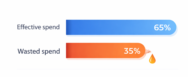 Bar chart comparing effective ad spend at 65 percent versus wasted ad spend at 35 percent due to inaccurate attribution