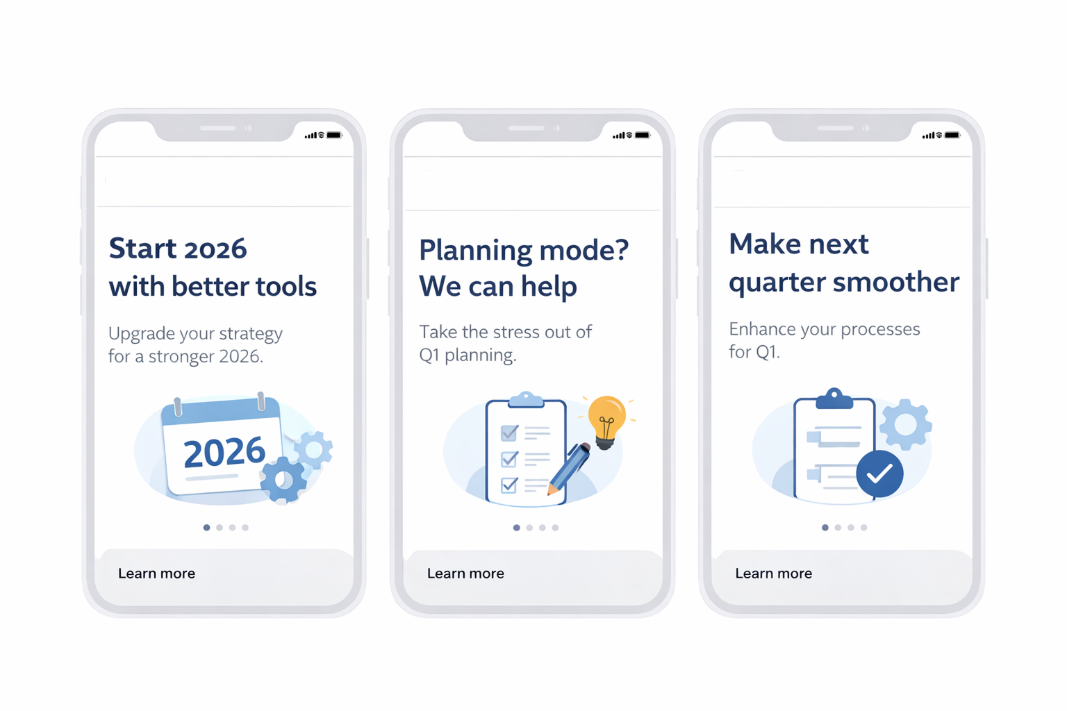 Mockups of three Facebook and Instagram ads with Q1-focused messages like &ldquo;Start 2026 with better tools&rdquo; and no discounts.
