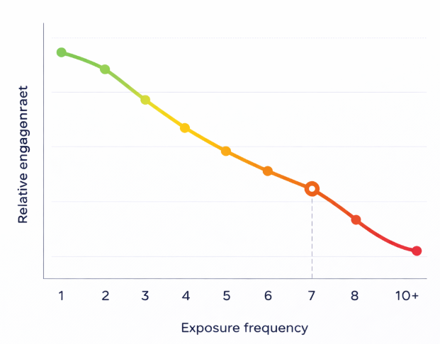 Line chart showing ad engagement declining as exposure frequency increases, with sharp drop around 7&ndash;8 exposures