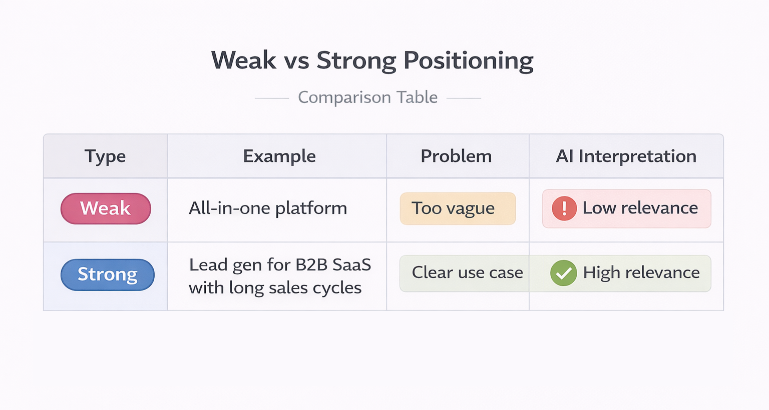 Weak vs strong positioning comparison table showing vague vs specific messaging and AI relevance