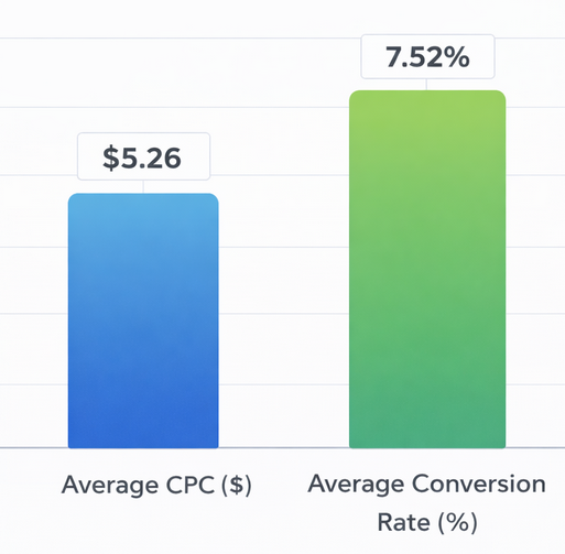 A bar chart comparing the average cost per click of $5.26 and the average conversion rate of 7.52% for Google Ads in 2025