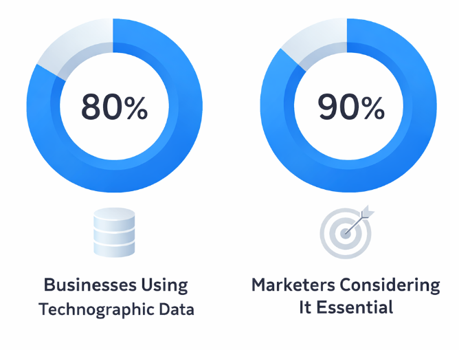 Two donut charts showing 80% of businesses use technographic data and 90% of marketers consider it essential