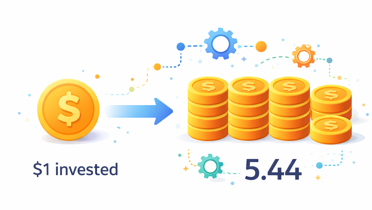 Infographic showing return on investment where one dollar spent on marketing automation generates approximately 5.44 dollars in return