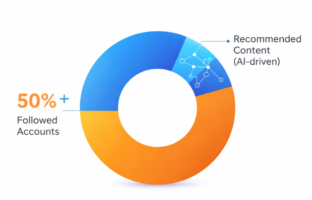 Donut chart showing that over 50 percent of Meta feed content is recommended from non-followed accounts