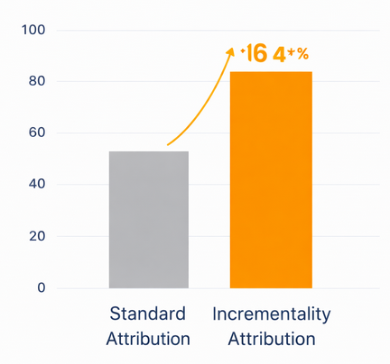 Column chart comparing incremental conversion counts showing a 46 percent increase when using incrementality attribution versus standard attribution