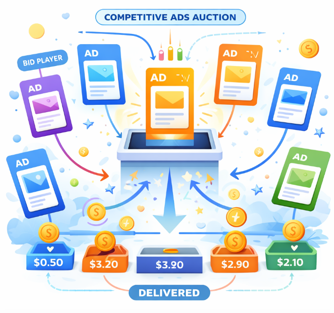 Illustration of many ad units competing in a digital advertising auction, with one ad selected for delivery among millions of competing advertisers