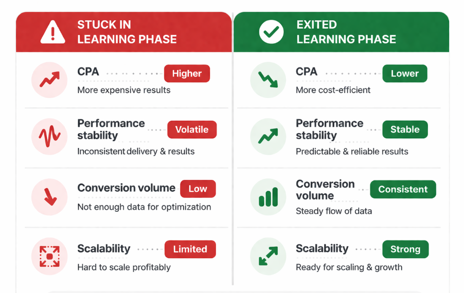 Comparison table showing higher CPA and unstable performance during the learning phase versus lower CPA and stable results after exiting it