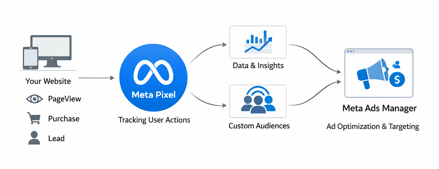 Flow diagram showing how Meta Pixel tracks website actions and feeds data into Meta Ads Manager for ad optimization.