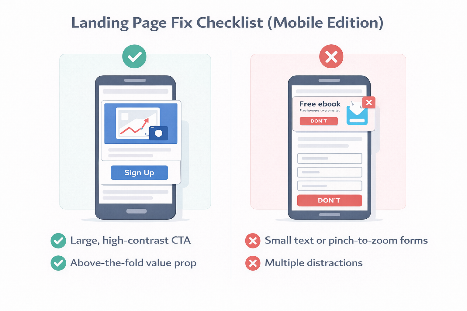 Mobile landing page checklist showing best practices and common mistakes for high-converting CTA and user experience.