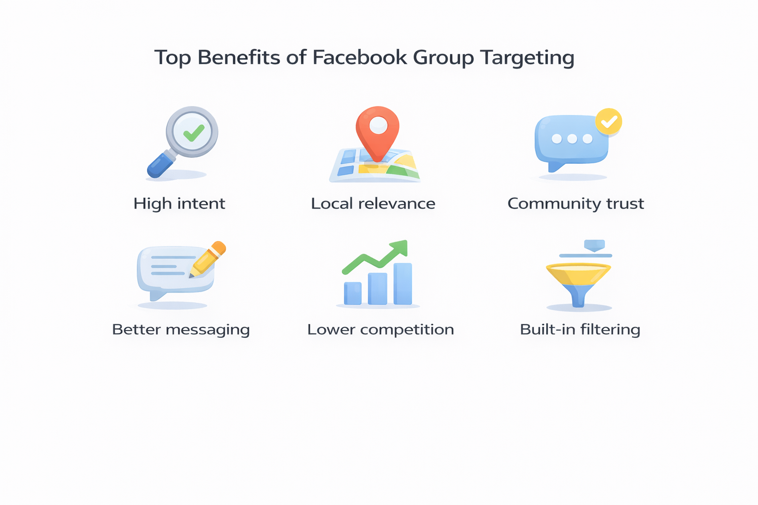 Infographic showing six benefits of Facebook group targeting for local ads with icons and labels.