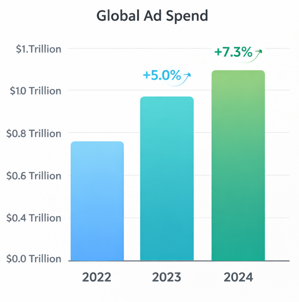 Bar chart illustrating global ad spend growth from 2022 to 2024, showing a rise to $1.1 trillion in 2024 with 7.3% year-over-year increase