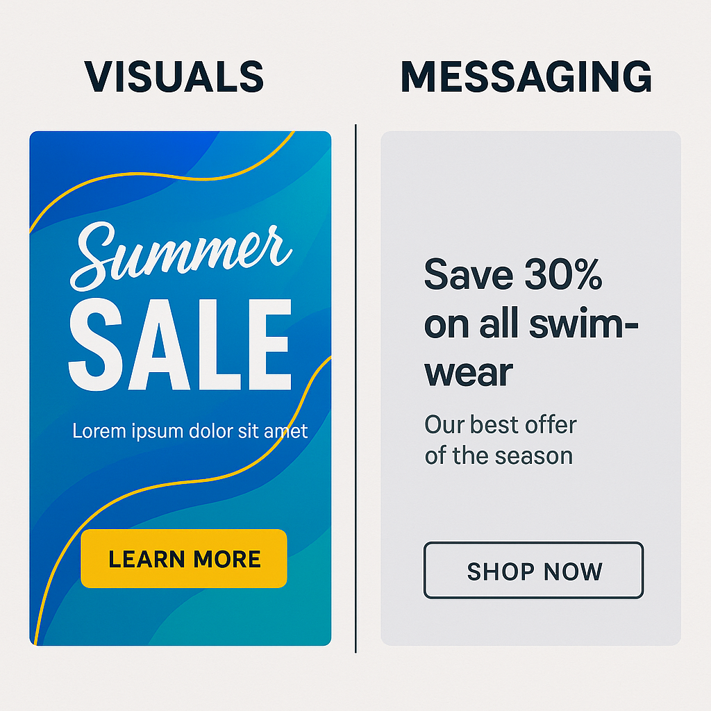 Side-by-side comparison of two Facebook ads — one with strong visuals but weak copy, the other with simple design and clear, compelling messaging.