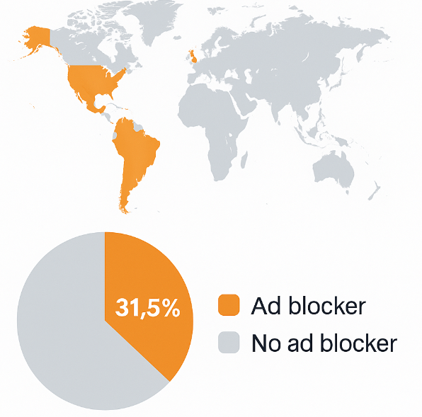 World map / pie chart showing 31.5% of internet users use ad blockers worldwide