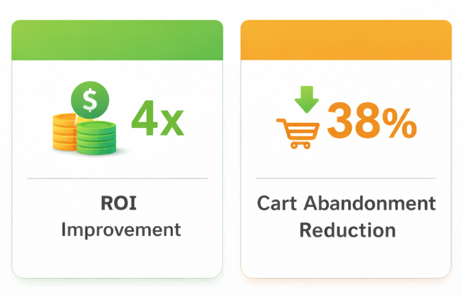 Infographic table showing 4&times; ROI from AI marketing campaigns and a 38% reduction in cart abandonment rates