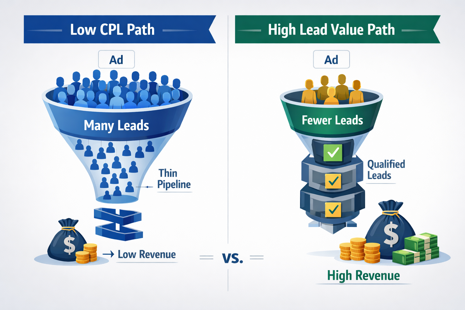 Infographic comparing low CPL path with many unqualified leads and low revenue vs. high lead value path with fewer, qualified leads and higher revenue.