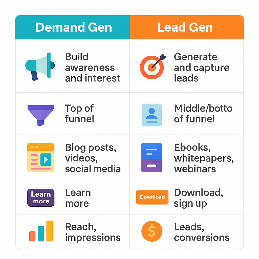 Horizontal infographic illustrating the journey from demand generation to lead generation with four stages: Awareness Content, Retargeting, Lead Capture, and Nurturing, each represented by colorful icons and arrows.