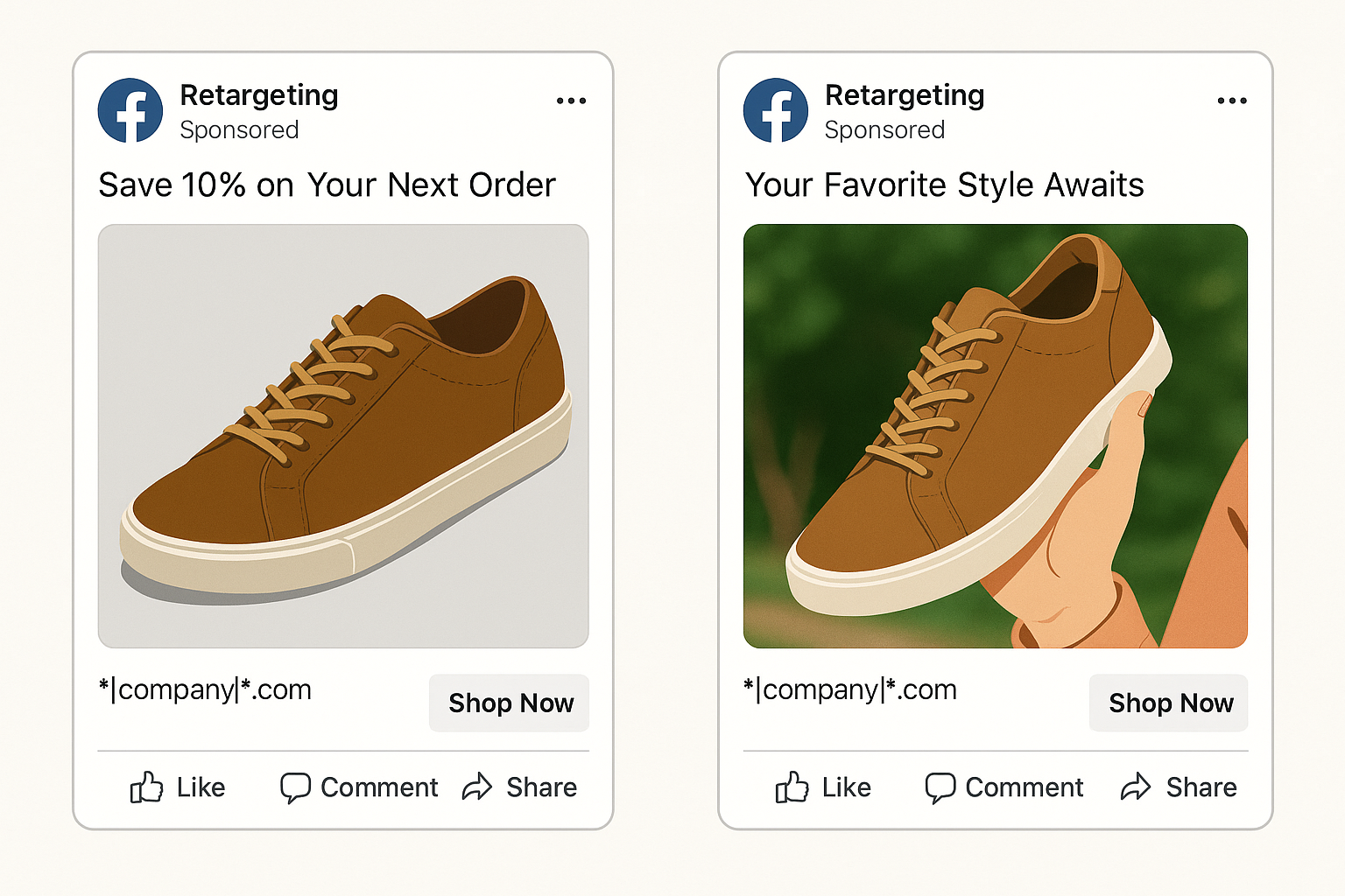 Two versions of a retargeting ad using different headlines and images