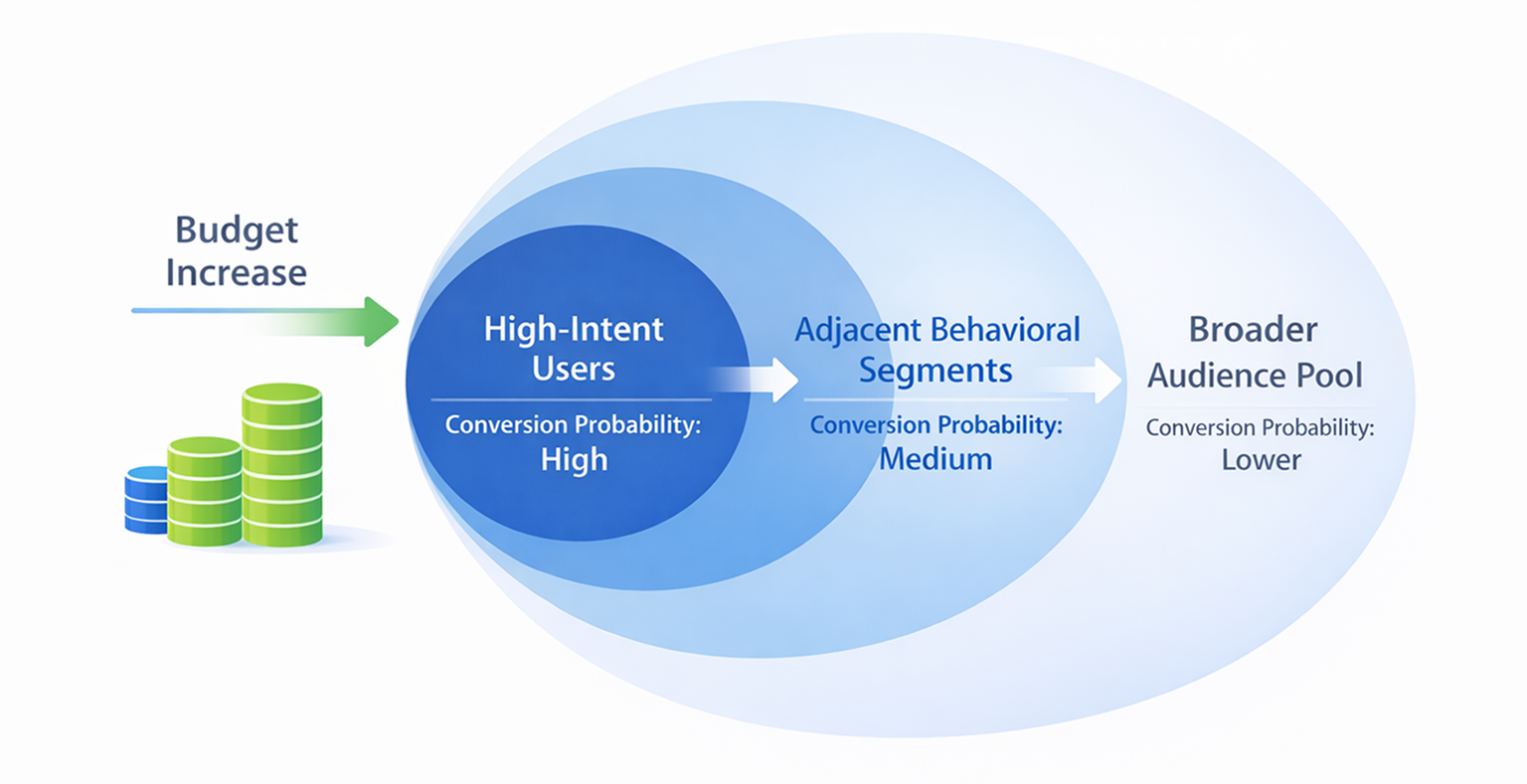Diagram showing how higher ad budgets expand targeting from high-intent users to broader audiences with lower conversion probability.