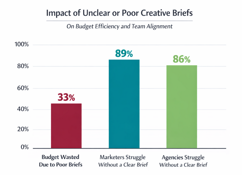 Bar chart showing 33% budget waste from poor briefs, 89% of marketers and 86% of agencies reporting difficulty producing good work without clear briefs