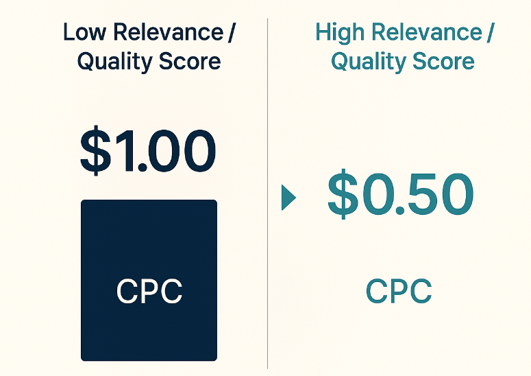 Comparison graphic showing that ads with low relevance/quality score incur higher CPC (e.g., $1.00) versus ads with high relevance/quality score achieving up to 50% lower CPC (e.g., $0.50)