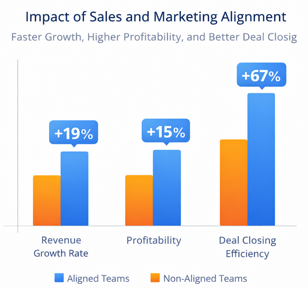 Bar chart showing that aligned teams grow revenue 19% faster, are 15% more profitable, and 67% more effective at closing deals compared to non-aligned teams
