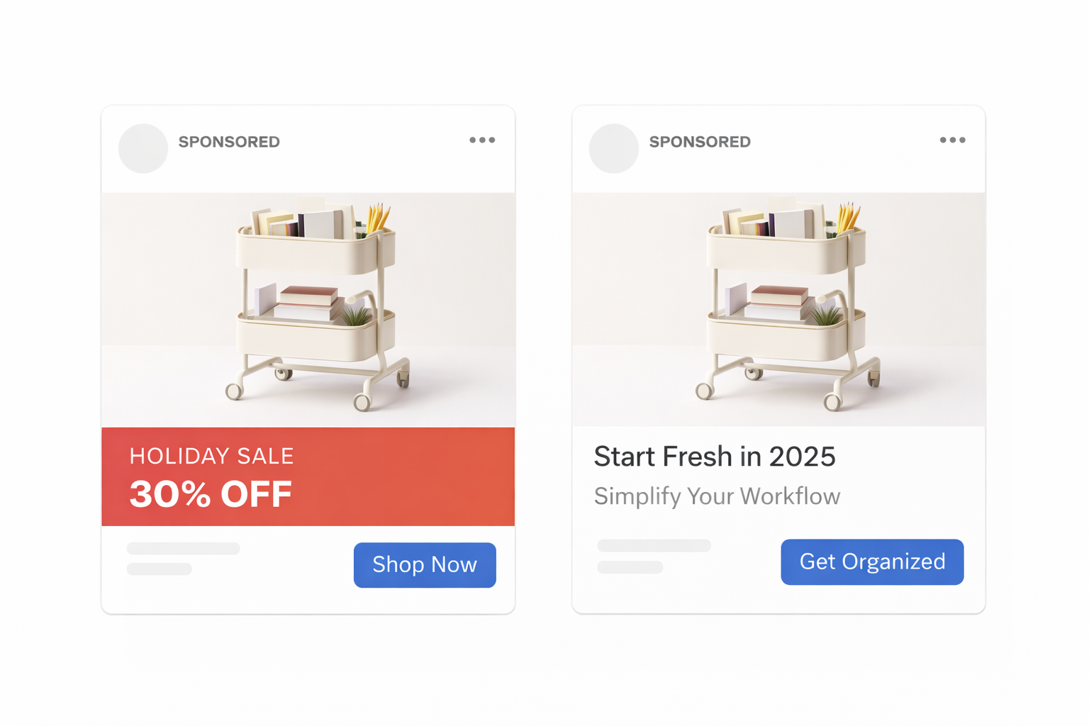 Side-by-side ad previews showing the same product with different messaging: a holiday discount vs. a New Year organization theme.